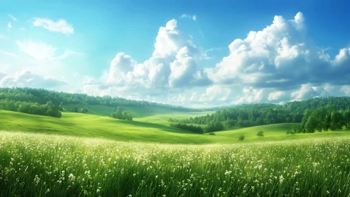 Sunlit wildflower meadow rolls toward distant green hills.