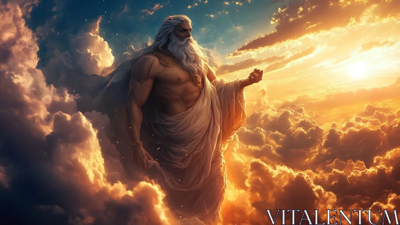 Mythic sky deity in luminous sunset cumulonimbus clouds