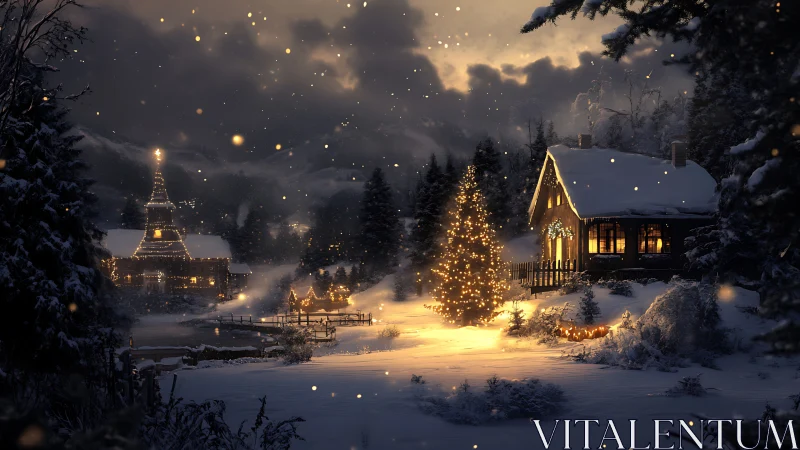 Nocturnal alpine village with luminous festive illumination.