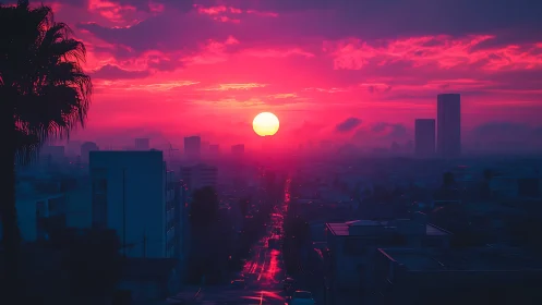 Neon magenta sunset over misty city boulevard skyline.