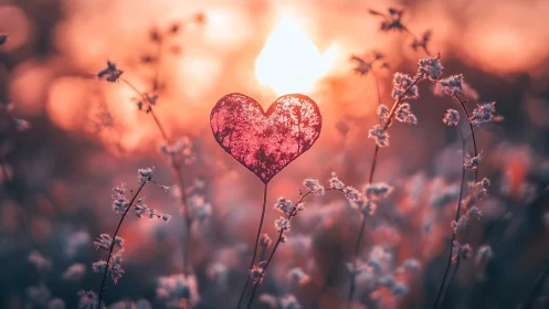 Heart-shaped transparent overlay in field with bokeh depth layering and warm chromatic tones