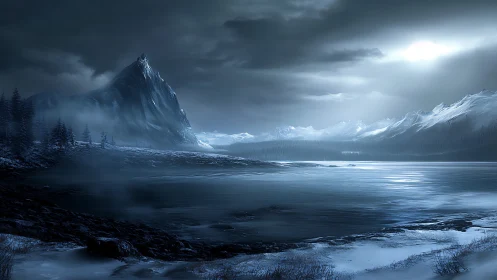 Moonlit icebound fjord whispers beneath a storm-heavy sky