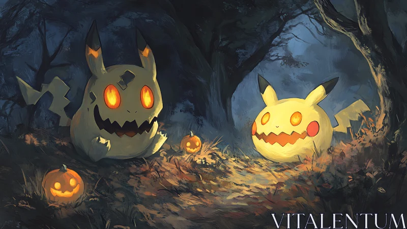 Digital painting of Halloween Pikachu lanterns in shadowed forest.