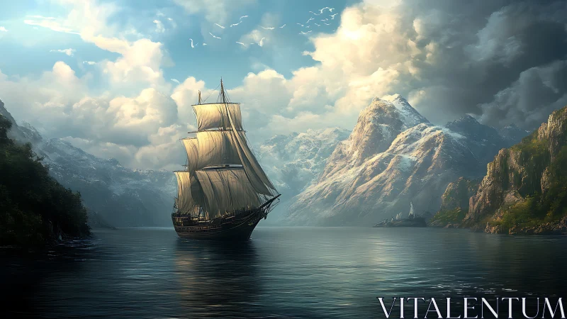 Tall ship steals toward glacier peaks under storm-bright skies