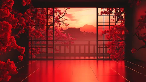 Sunlit cherry veranda glowing in a warm crimson hush.
