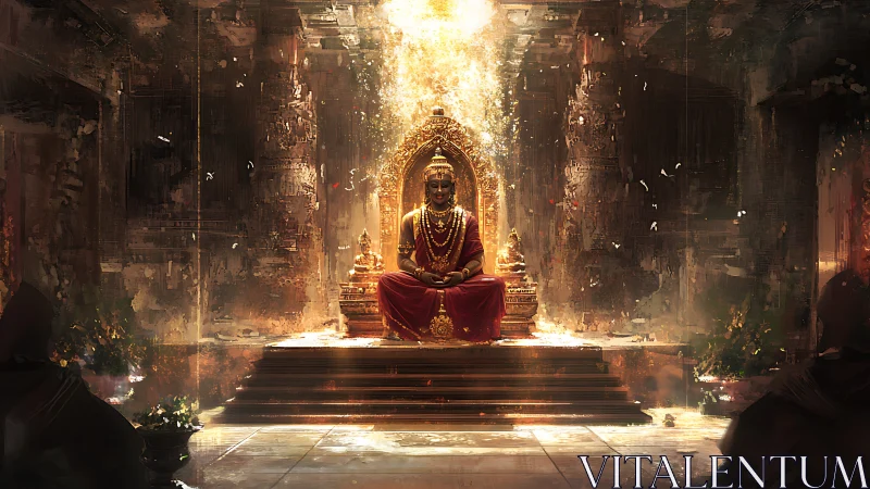 Gilded Buddha statue under volumetric light in decayed temple nave