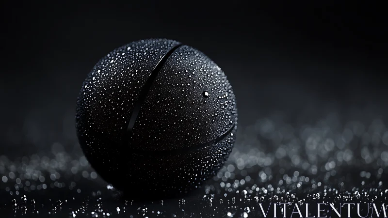 Matte black sphere with water droplets in cinematic bokeh.