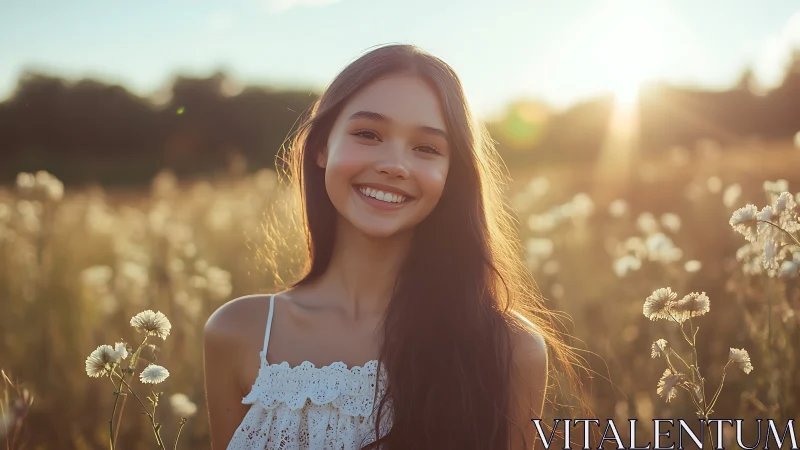 Smiling young woman stands in sunlit wildflower meadow at dusk