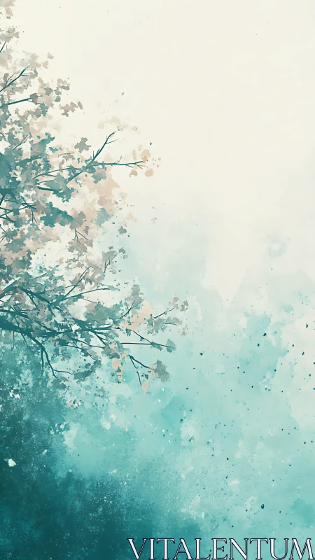 Vertical watercolor foliage study with teal atmospheric gradient
