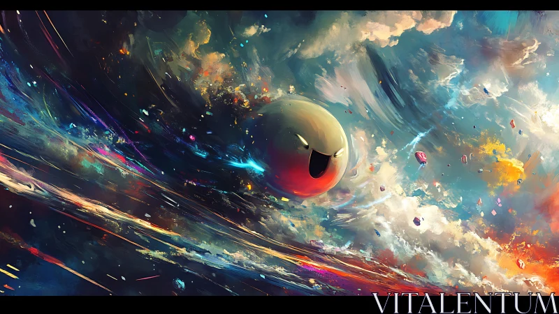 Spherical character within turbulent multicolored sky field.