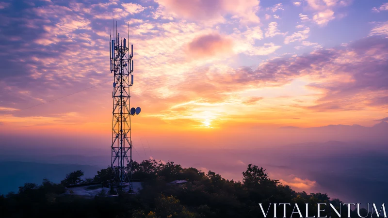 Cell tower on hilltop against layered sunrise sky.