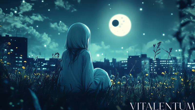 Moonlit wanderer waits while eclipsed stars hush the city glow