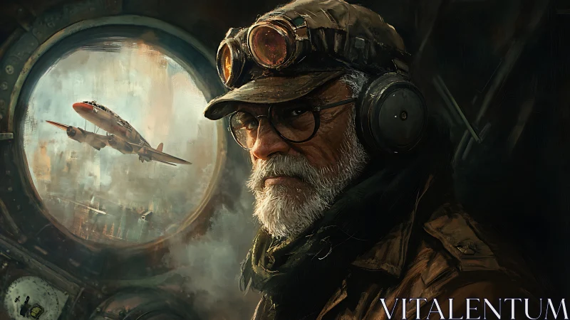 Weathered sky captain studies his passing steel-wing memory