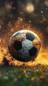 Mud-splashed soccer ball soars through golden evening light