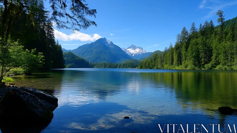 Serene alpine lake mirroring evergreen forests and peaks.
