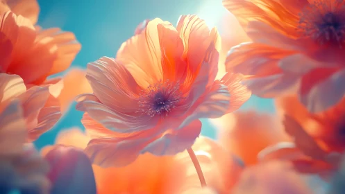 Coral Poppies Ignite Against Azure Skies.