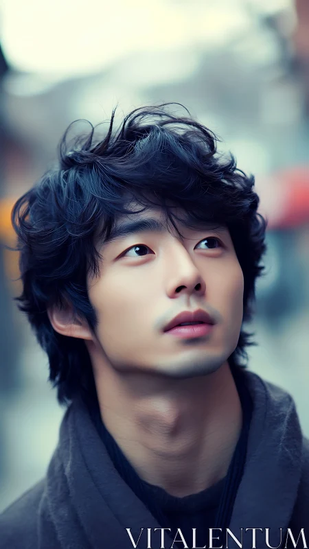 Softly lit portrait of young man in wistful urban calm.