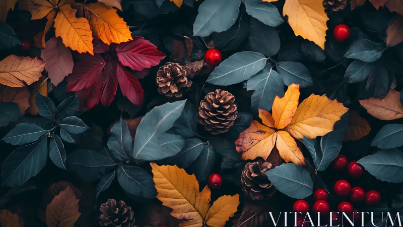 Autumn leaves, pine cones and red berries in rich contrast.