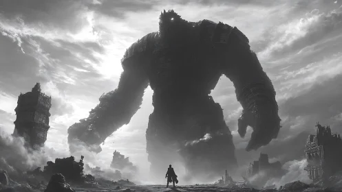 Towering stone colossus meets lone wanderer in misty ruins