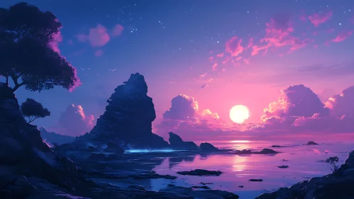 Rocky coastal horizon under pink and violet twilight sky.