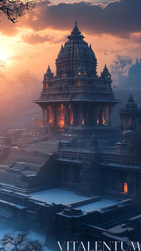 Digital painting of misty stepped temple at sunrise glow.