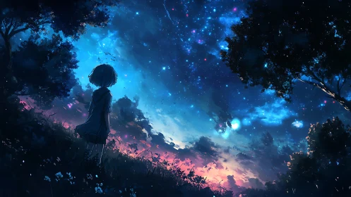 Nocturnal skyfield with silhouetted observer and nebular bloom.