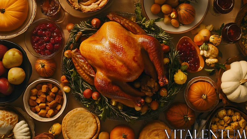 Golden harvest turkey crowned by pies, pumpkins, and sparkle.