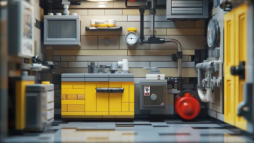 LEGO workshop kitchen blends industrial pipes and bold yellow.