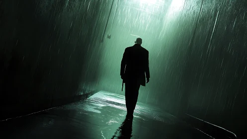 Lone suited figure in neon rainlit corridor, cinematic noir.