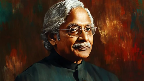 Silver haired sage gazes through amber brushstroked silence.