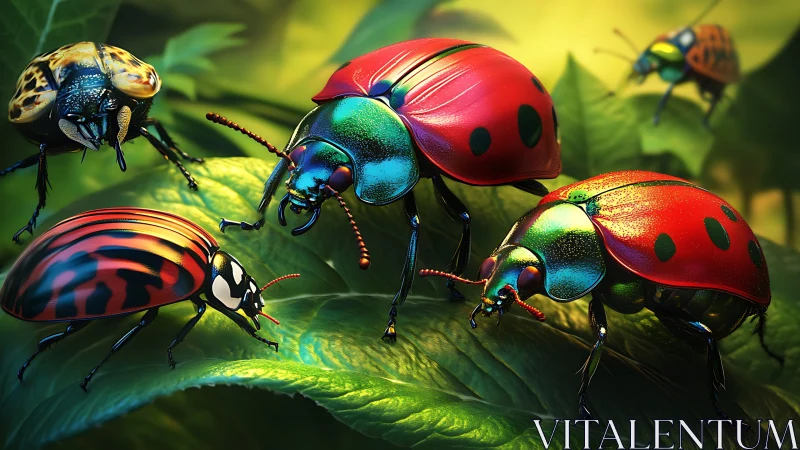 Colorful beetle parade glowing over lush forest leaves.