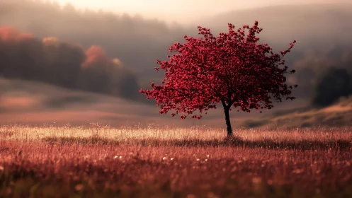 Solitary crimson tree glowing in a soft autumn meadow.