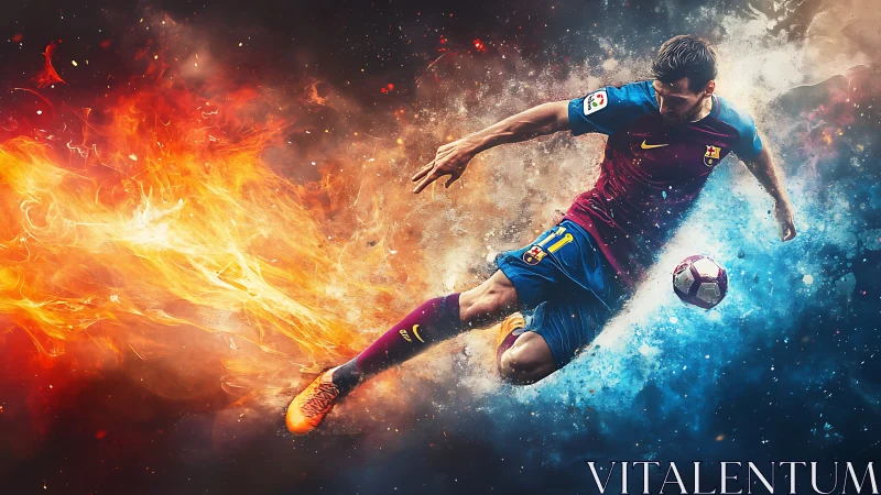 Dynamic soccer hero slicing through fire and ice energy.