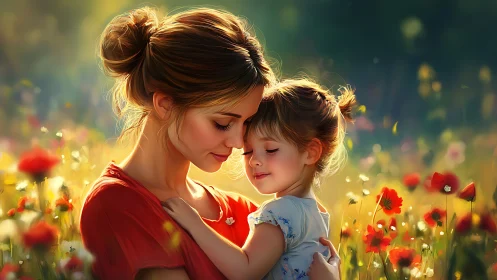 Golden Hour Embrace: Mother and Child in Blooming Meadow