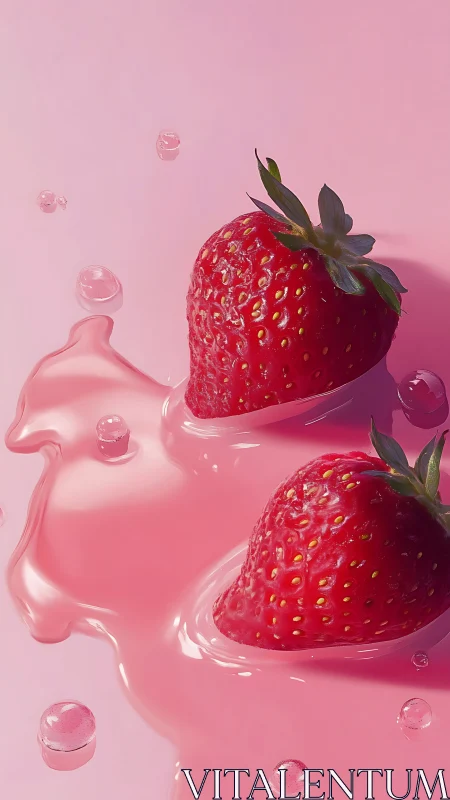 Strawberries partially submerged in glossy pink liquid.