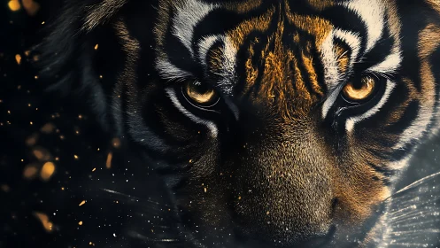 Macro-intensified tiger gaze with ember particle dispersion.