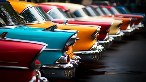 Classic tailfins line street in vivid chrome and color.