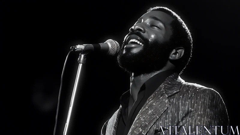 Black and white portrait of male vocalist at microphone stand.