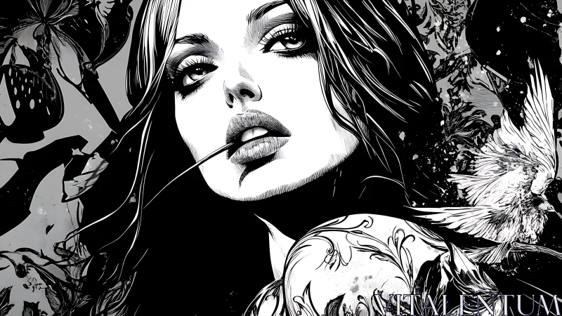 Ink-kissed woman with floral tattoos and quiet, watchful eyes.
