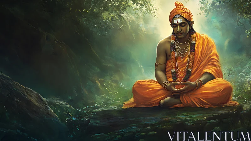 Orange-robed monk seated in forest clearing during meditation.