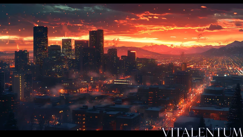 Sunset city skyline with glowing streets and mountains.