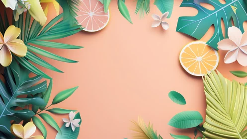 Tropical paper-cut leaves and citrus border on peach backdrop.