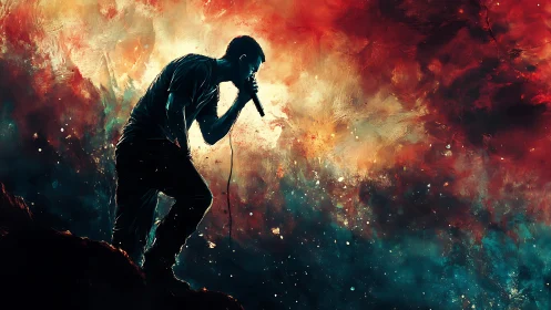 Silhouetted singer with mic against explosive abstract sky.