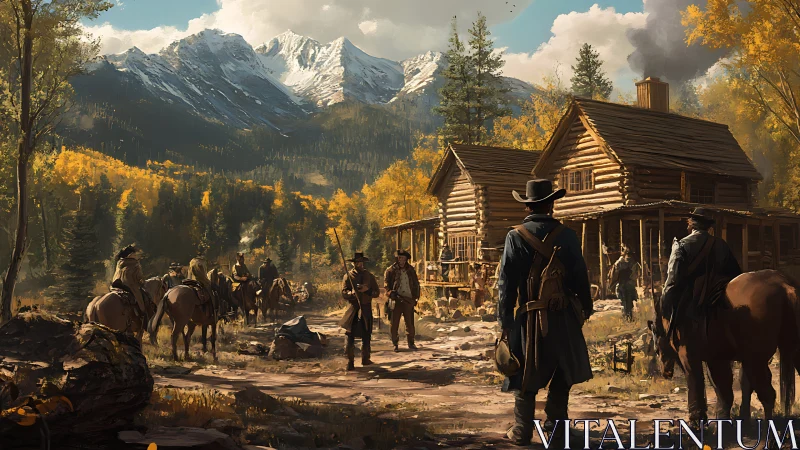 Frontier standoff under snowcapped peaks and golden aspens.