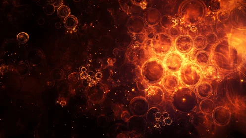 Glowing fiery circles swirl in a cosmic abstract inferno