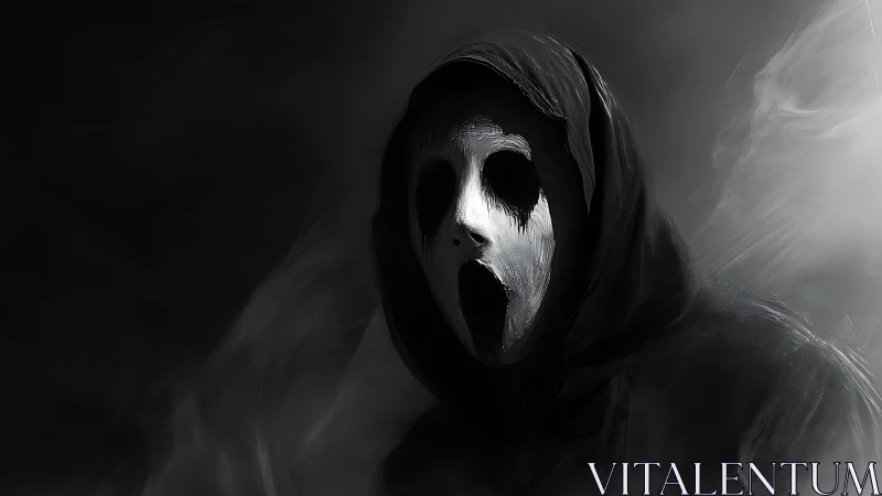 Hooded spectral figure emerges from monochrome digital haze