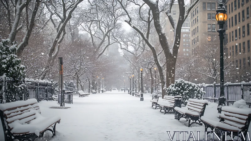 Snow-covered city park walkway glows under soft lamplight.