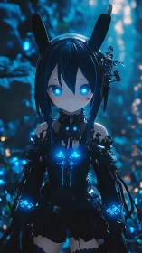Cybernetic anime android with bioluminescent armor in blue bokeh forest