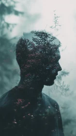 Double exposure male silhouette integrates forest canopy and bokeh