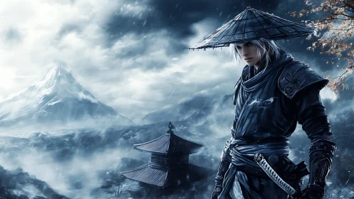 Samurai warrior stands in stormy mountain temple landscape